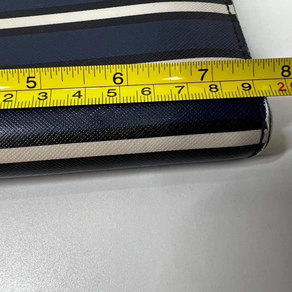Kate Spade New York Navy Blue Cream Striped Zip Around Saffiano Leather Wallet